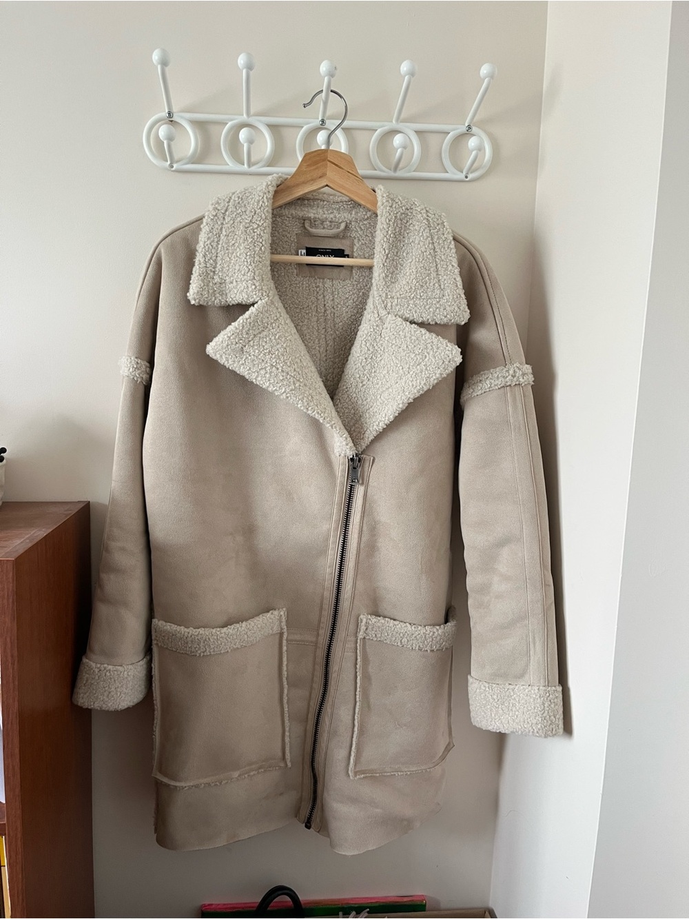 Neutral Beige Shearling-Trim Coat - Women